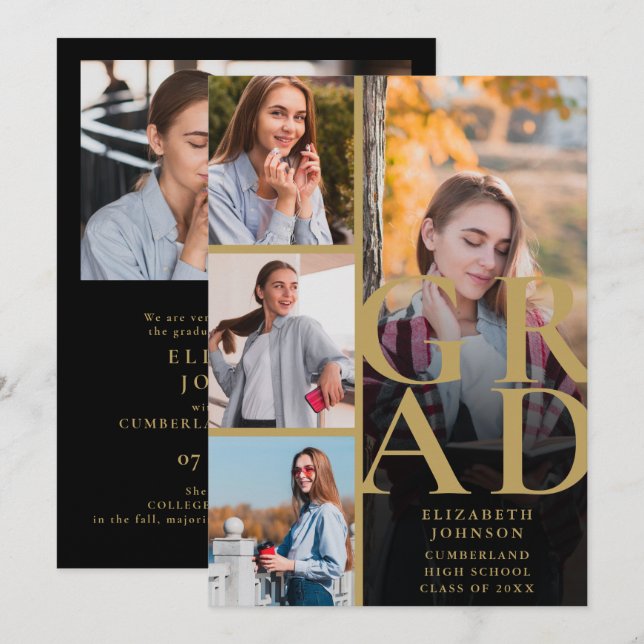 Black And Gold 5 Photo Graduation Announcement (Front/Back)