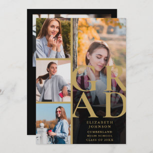 Black And Gold 5 Photo Graduation Announcement