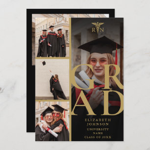 Black And Gold 5 Photo RN Nursing Graduation Party Invitation