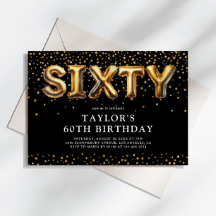 Black and Gold 60th Birthday Balloons Invitation