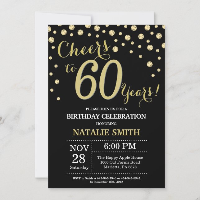 Black and Gold 60th Birthday Diamond Invitation (Front)