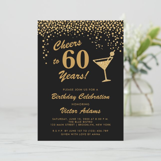 Black and Gold 60th Birthday | Martini Invitation (Standing Front)