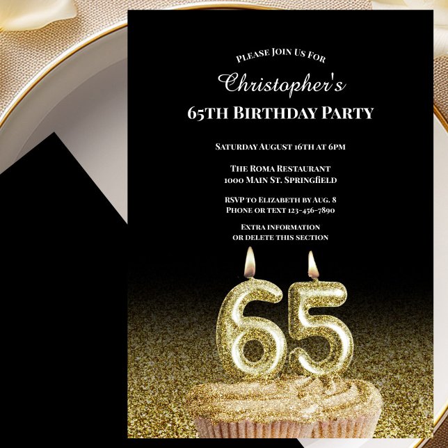 Black and Gold 65th Birthday Invitation For Him (Creator Uploaded)