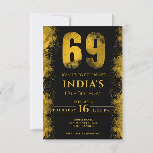 Black And Gold 69th Birthday Party Invitation (Front)