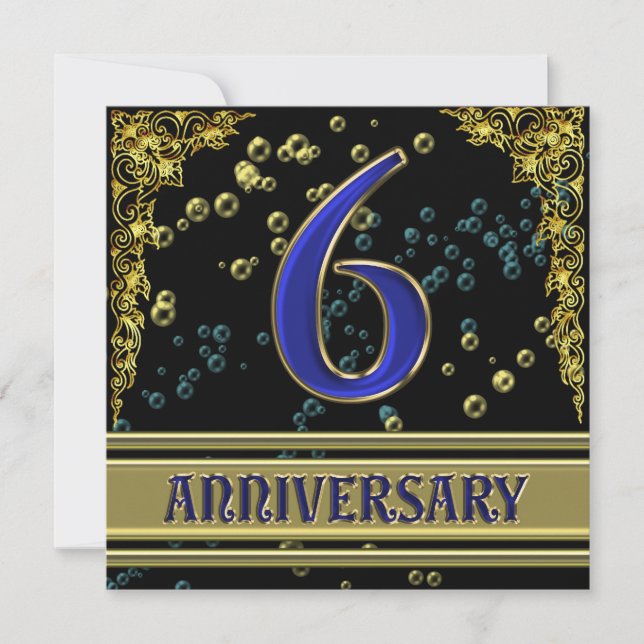 Black and Gold 6th Anniversary party Invitation (Front)