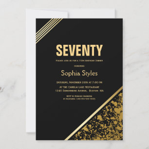 Black and Gold 70th Birthday Dinner Party Invitation