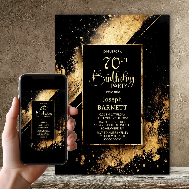 Black and Gold 70th Birthday Party Invitation (Creator Uploaded)