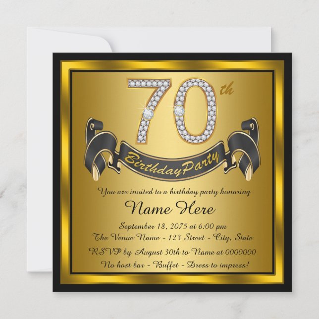 Black and Gold 70th Birthday Party Invitation (Front)