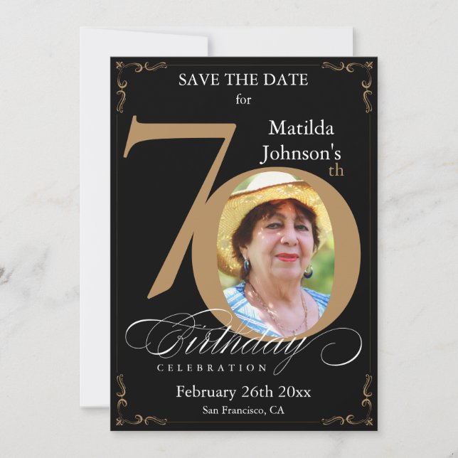 Black and Gold 70th Birthday Save The Date Custom Invitation (Front)
