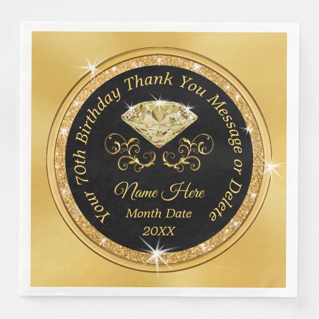 Black and Gold 70th Napkins, Birthday, Anniversary Napkin (Front)