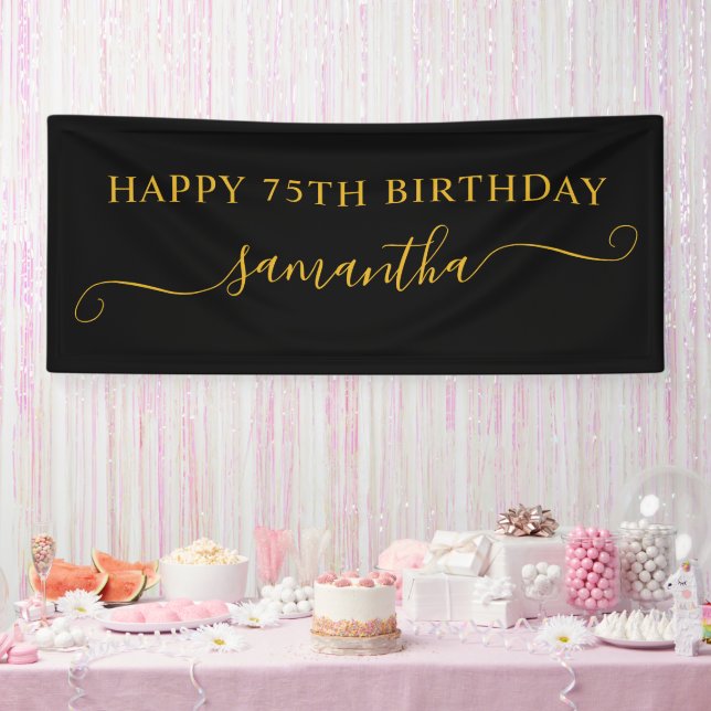 Black and Gold 75th Birthday Girly Swash Name Banner (Party)