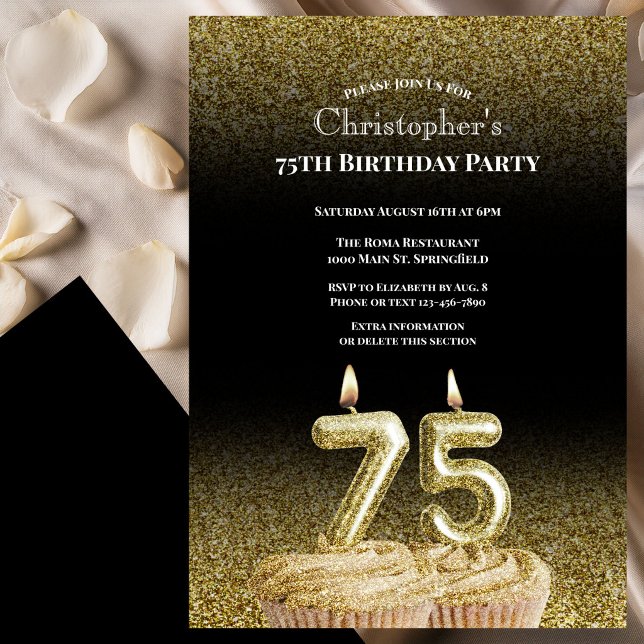 Black and Gold 75th Birthday Invitation For Him (Creator Uploaded)