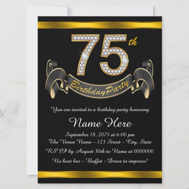 Black and Gold 75th Birthday Party Invitation (Front)