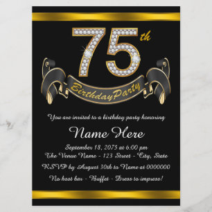 Black and Gold 75th Birthday Party Invitation