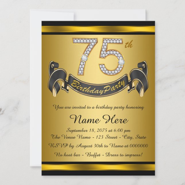 Black and Gold 75th Birthday Party Invitation (Front)
