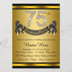 Black and Gold 75th Birthday Party Invitation