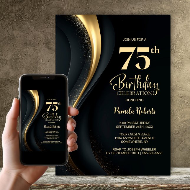 Black and Gold 75th Birthday Party Invitation (Creator Uploaded)