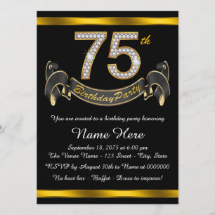 Black and Gold 75th Birthday Party Invitation
