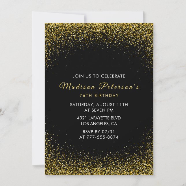  Black and Gold 76th birthday  Glam Glitter  Invitation (Front)