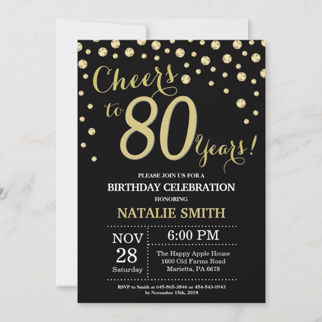 Black and Gold 80th Birthday Diamond Invitation (Front)
