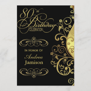 Black and Gold 80th Birthday Party Invitation
