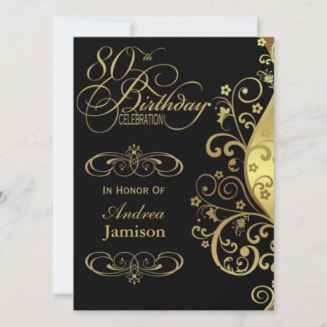 Black and Gold 80th Birthday Party Invitation (Front)
