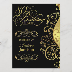 Black and Gold 80th Birthday Party Invitation