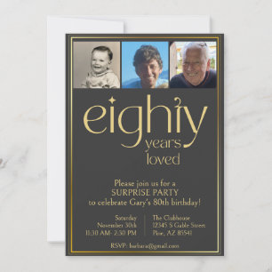 Black and Gold 80th Birthday Party Invitation