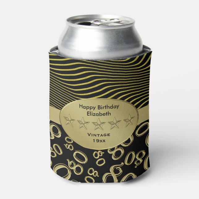 Black and Gold  80th Birthday Party Number Pattern Can Cooler (Can Front)