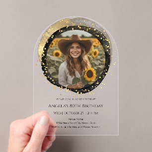 Black and Gold 80th Birthday Photo Acrylic Invitations
