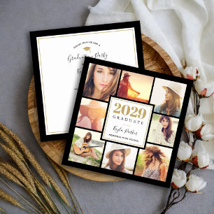 Black and Gold 8 Photo Square Graduation Party Announcement