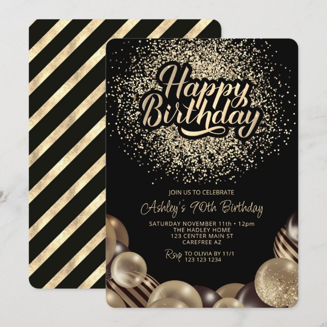 Black and Gold 90th Birthday Invitation (Front/Back)