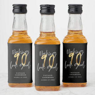 Black and gold 90th birthday party favour liquor bottle label