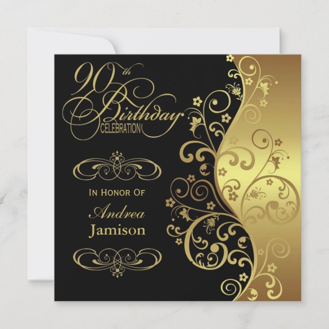 Black and Gold 90th Birthday Party Invitation (Front)