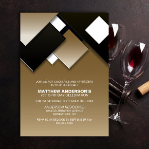 Black and Gold Abstract 75th Cocktail Birthday Invitation