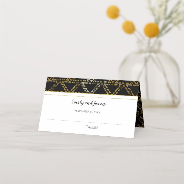 Black and Gold Abstract Geometric Triangle Wedding Place Card (Front)