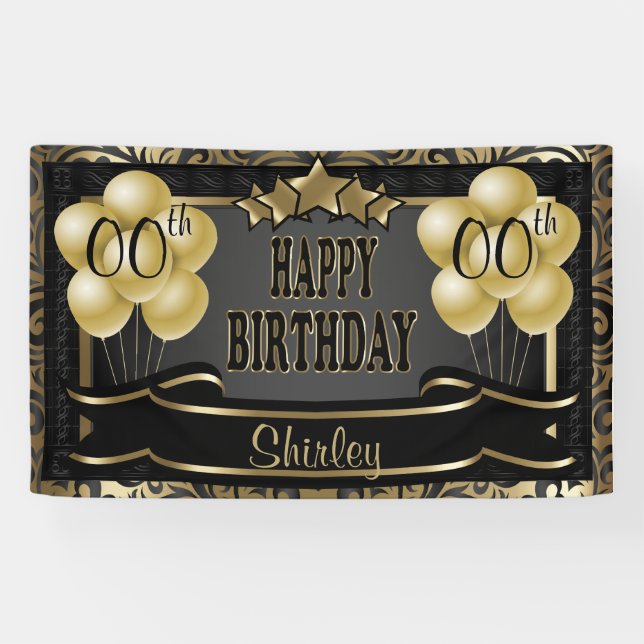Black and Gold Abstract Happy 00th Birthday Banner (Horizontal)