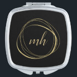 Black and Gold Abstract Monogram Compact Mirror<br><div class="desc">Chic personalised compact mirror features a black background with your initial(s) or monogram in modern calligraphy script,  encircled by an abstract circle element in faux gold foil.</div>