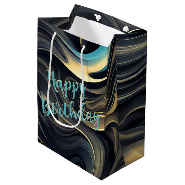 Black and Gold Abstract Smoke Swirl Medium Gift Bag (Front Angled)