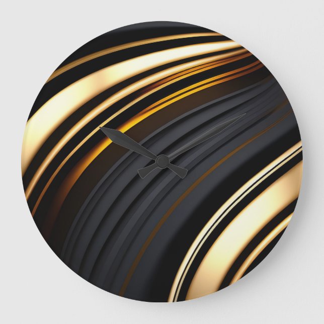 Black and Gold Abstract Sweeping Bands Large Clock (Front)