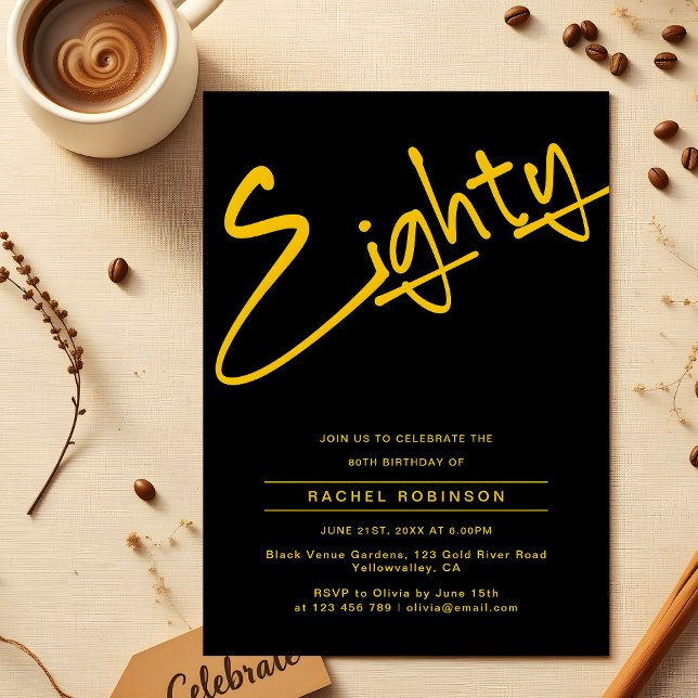 Black and Gold Adult Eighty 80th Birthday Party Invitation (Creator Uploaded)