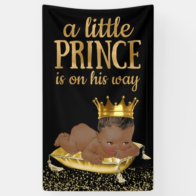 Black and Gold African American Prince Baby Shower Banner (Vertical)