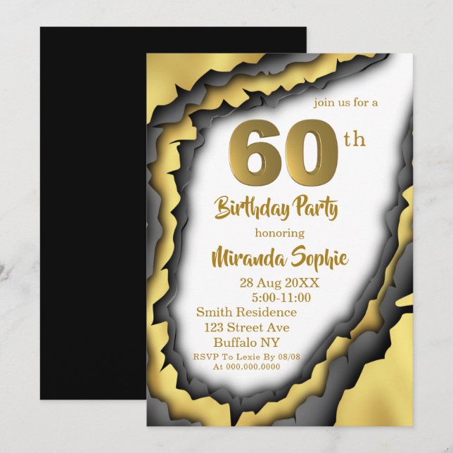 Black and Gold Agate 60th Birthday Invitations  (Front/Back)