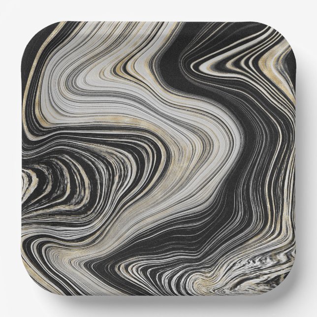 Black and Gold Agate Design Paper Plate (Front)