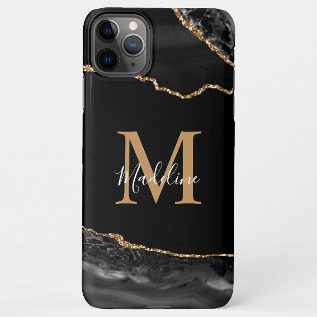 Black and Gold Agate Geode Monogram iPhone Case (Back)