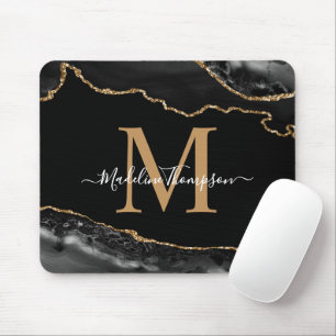 Black and Gold Agate Geode Monogram Mouse Mat