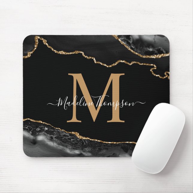 Black and Gold Agate Geode Monogram Mouse Mat (With Mouse)