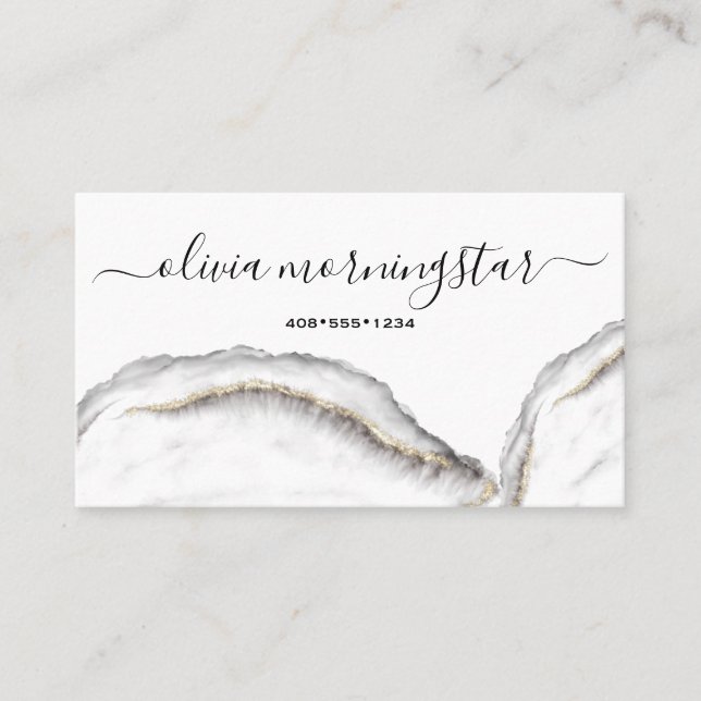 Black and Gold Agate Marble QR Code Business Card (Front)