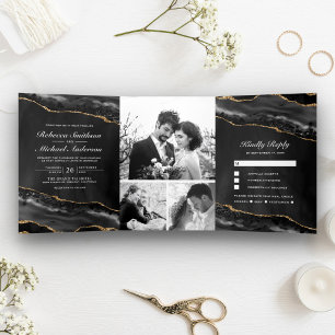 Black and Gold Agate Photo Collage Wedding Tri-Fold Invitation