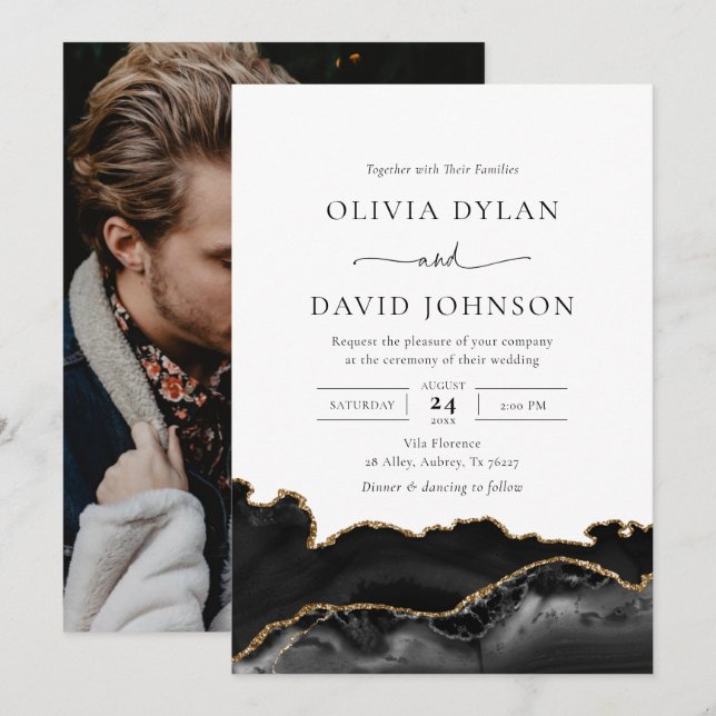 Black and Gold Agate Photo Wedding Invitation (Front/Back)